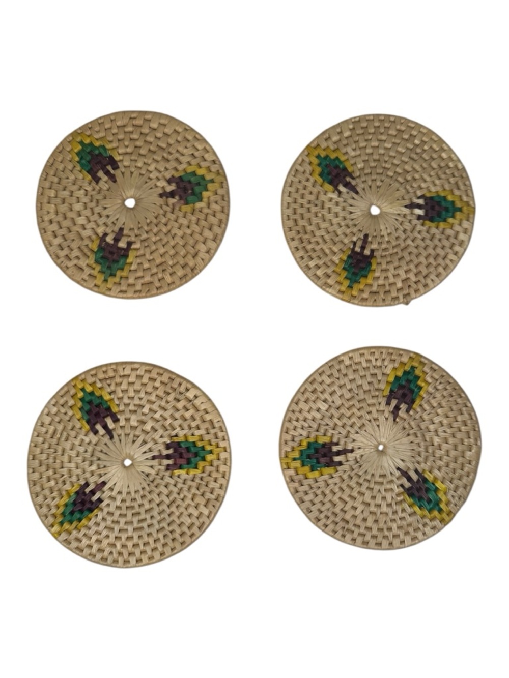 Woven Rattan Coasters Set of 4 with Green & Yellow Accents